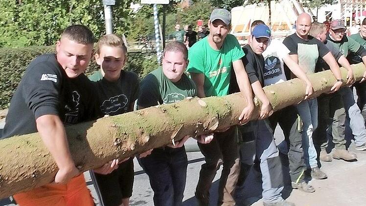 Mit vereinten Kr&auml;ften hoben die Ortsburschen den Baum vom Anh&auml;nger. Fotos: Britta Schnake