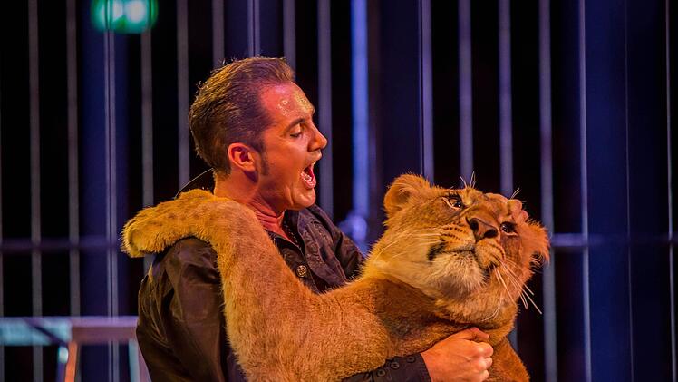 Auf Tuchf&uuml;hlung mit einem L&ouml;wen: Raubtier-Dompteur Martin Lacey jr. an seinem Arbeitsplatz. Pressefoto: Circus Krone