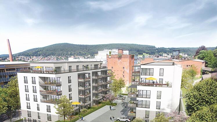 Blick von Westen auf die neue Wohnanlage in der Pestalozzistraße 9 mit zwei parallel angeordneten Baukörpern.    Visualisierung: Jöna