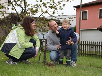 Franziska und Oliver Kaul begutachten mit ihre Sohn Marlon einen frischen Maulwurfshügel in ihrem Garten. Die Familie hat sich mit den kleinen "Mitbewohnern" arrangiert. Foto: Ulrike Müller