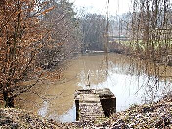 Blick auf den Feuerlöschteich in Salmsdorf, der gleichzeitig Fischteich ist und auch dem Hochwasserschutz dienen sollte; im Vordergrund der Mönch, der nicht mehr funktioniert.