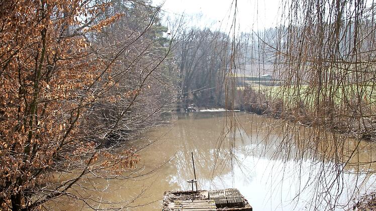 Blick auf den Feuerlöschteich in Salmsdorf, der gleichzeitig Fischteich ist und auch dem Hochwasserschutz dienen sollte; im Vordergrund der Mönch, der nicht mehr funktioniert.