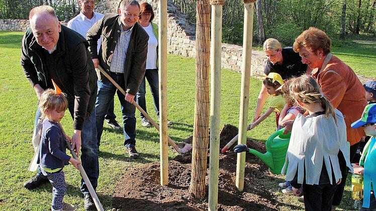 Zwei Walnussbäume pflanzten Bürgermeister Helmut Blank, Landrat Thomas Bold und die Kreisvorsitzende der Gartenbauvereine, Irmgard Heinrich, zum "Tag des Baumes" auf dem Michelsberg.  Foto: Dieter Britz