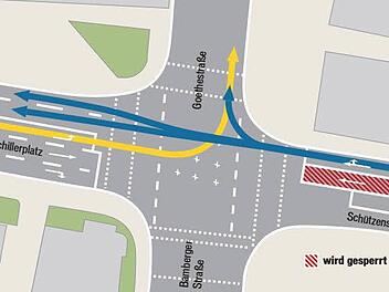 Probeweise wird ab Montag eine Fahrspur in der Schützenstraße Richtung Frankenbrücke gesperrt. Grafik: Michael Haller