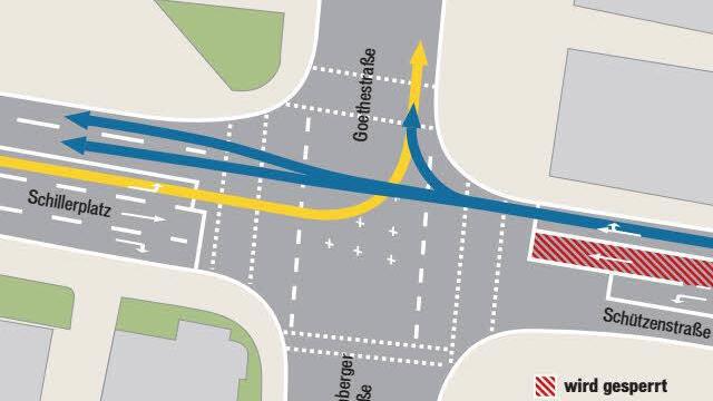 Probeweise wird ab Montag eine Fahrspur in der Schützenstraße Richtung Frankenbrücke gesperrt. Grafik: Michael Haller