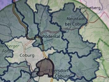 Der 15-Kilometer-Radius am Beispiel von Grub am Forst (braun) Quelle LRA, Foto: S. Paulus