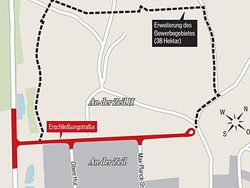 Die Grafik zeigt die Dimension der Ausdehnung der Gewerbeflächen "An der Zeil" Das neue Gebiet "An der Zeil II" wird größer als das bereits bestehende.