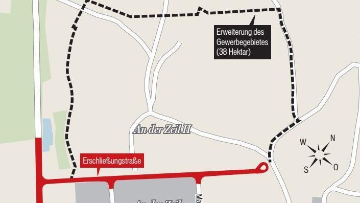 Die Grafik zeigt die Dimension der Ausdehnung der Gewerbeflächen "An der Zeil" Das neue Gebiet "An der Zeil II" wird größer als das bereits bestehende.