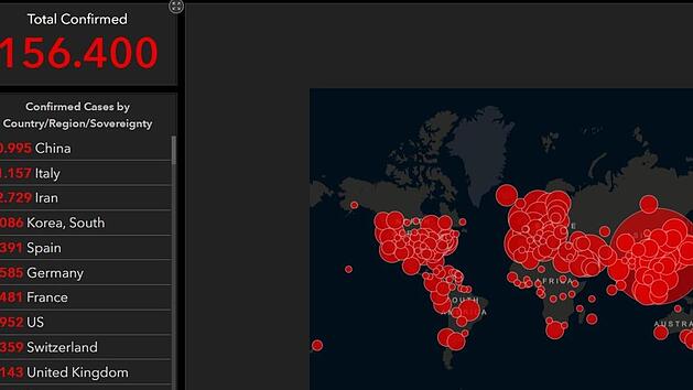 Auf einer Live-Karte der Johns Hopkins Universität kann man in Echtzeit sehen, wie viele Menschen weltweit nachweislich mit dem Coronavirus infiziert sind. Die Daten dieser Karte nutzen Cyberkriminelle, um Passwörter und Daten zu stehlen. Foto: Screenshot Johns Hopkins University & Medicine