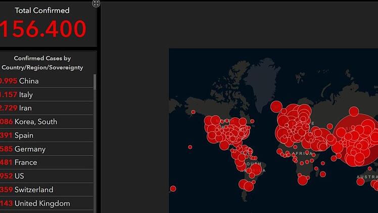 Auf einer Live-Karte der Johns Hopkins Universität kann man in Echtzeit sehen, wie viele Menschen weltweit nachweislich mit dem Coronavirus infiziert sind. Die Daten dieser Karte nutzen Cyberkriminelle, um Passwörter und Daten zu stehlen. Foto: Screenshot Johns Hopkins University & Medicine