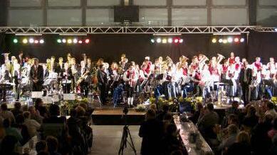Ein imposantes Bühnenbild bot "Absolut Musik" am Samstag in der voll besetzten Dreifachturnhalle in Ebern. Foto: Johanna Eckert