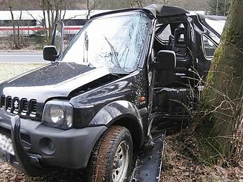 Auf 8000 Euro schätzt die Polizei den Sachschaden, der durch den Überschlag und den Zusammenprall mit einem Baum an dem Suzuki entstanden ist. Der Fahrer wurde ins Krankenhaus eingeliefert und befindet sich außer Lebensgefahr. Foto: Polizeiinspektion Ludwigsstadt