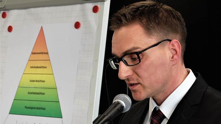 Foto 02: Realschulleiter Torsten Stein bei seinem philosophischen Einführungsvortrag über die Bedürfnisse der MenschenFoto 03: