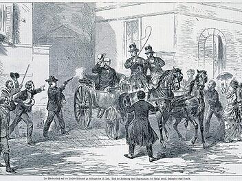 Der Mordanschlag auf den populärsten Politiker des Deutschen Kaiserreichs ging als Sensationsmeldung um die Welt. Hier das Attentat in Kissingen an der heutigen Rosenklinik nach einer Darstellung in der "Illustrierten Zeitung" vom 25. Juli 1874. Quelle: Stadtarchiv Bad Kissingen