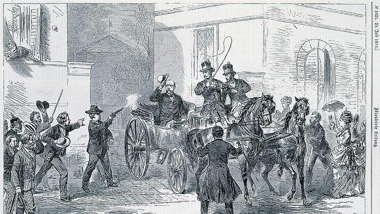 Der Mordanschlag auf den populärsten Politiker des Deutschen Kaiserreichs ging als Sensationsmeldung um die Welt. Hier das Attentat in Kissingen an der heutigen Rosenklinik nach einer Darstellung in der "Illustrierten Zeitung" vom 25. Juli 1874. Quelle: Stadtarchiv Bad Kissingen