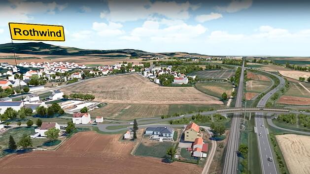 Diese Visualisierung des Staatlichen Bauamts Bayreuth zeigt einen Teil  der geplanten Umgehung und eine der vorgesehenen Br&uuml;cken (rechts im Bild) bei Rothwind/Fassoldshof. In die Animation sind noch nicht alle landschaftspflegerischen Details vollumf&auml;nglich eingepflegt. Die Visualisierung in Form eines kurzen Films ist &uuml;ber die Homepage des Bauamts abrufbar, aber nicht offiziell Teil des Planfeststellungsverfahrens.Quelle: Staatliches Bauamt Bayreuth