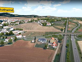 Diese Visualisierung des Staatlichen Bauamts Bayreuth zeigt einen Teil  der geplanten Umgehung und eine der vorgesehenen Brücken (rechts im Bild) bei Rothwind/Fassoldshof. In die Animation sind noch nicht alle landschaftspflegerischen Details vollumfänglich eingepflegt. Die Visualisierung in Form eines kurzen Films ist über die Homepage des Bauamts abrufbar, aber nicht offiziell Teil des Planfeststellungsverfahrens.Quelle: Staatliches Bauamt Bayreuth