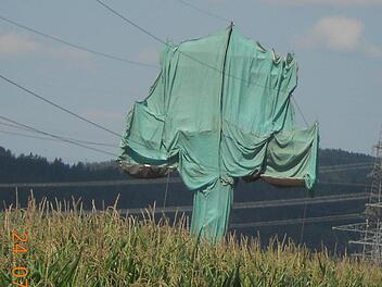 Einer der 110-kV-Starkstrommasten ist eingepackt, damit die alte Farbe entfernt werden kann.  Foto: privat