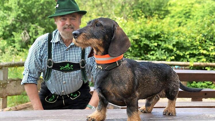 Erich Metz mit seinem "Schlack" von Rauenstein, einem sauschwarzen eineinhalb-jährigem Dackelrüden. Das jagdlich geführte Tier bekam bei der Zuchtschau des Deutschen Teckelclubs von 1888 Sektion Rhön - Saale ein "vorzüglich".  Foto: Peter Rauch