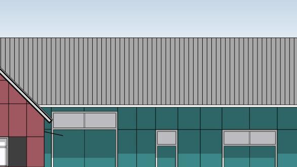 Der Entwurf zeigt das neue Wolfsdorfer Gemeinschaftshaus (rot) und dahinter den Kulturstadl (türkis) mit Feuerwehrstellplatz im rechten Bereich der Halle (grau). Die beiden Gebäude sollen neben und auf dem Wolfsdorfer Bolzplatz entstehen. Foto: Stadt Bad Staffelstein (Entwurf)