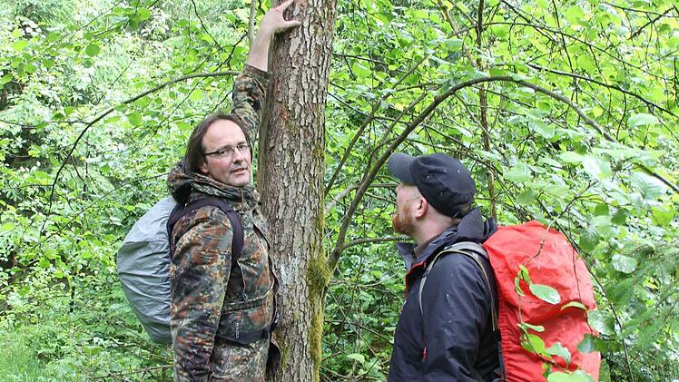 Stefan Friedrich (links) und Stephan Amm an einer Schwarzerle, in die ein Buntspecht seine Höhle gebaut hat. In etwa zweieinhalb Metern Höhe liegt sie relativ nah am Boden.  Foto: Friedwald Schedel