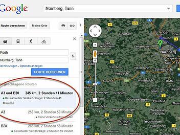 Dieser Screenshot zeigt, dass Google Nürnberg nach Niederbayern verlegt hat. Nach Fürth sind es 245 Kilometer. Screenshot: pb
