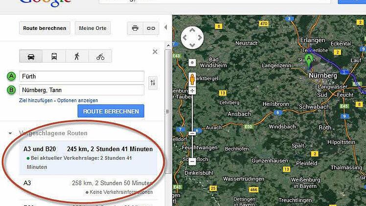 Dieser Screenshot zeigt, dass Google Nürnberg nach Niederbayern verlegt hat. Nach Fürth sind es 245 Kilometer. Screenshot: pb