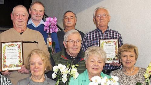 Ehrungen f&uuml;r langj&auml;hrige Treue: von links im Bild sind (vorne) Renate Lippert, Gudrun Melzer und Doris Bauer sowie (dahinter) Harald G&auml;rtner, Rolf Freitag, R&uuml;diger Fischer, Gerhard Lindner (davor) und Werner Gross.