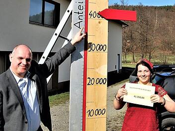 Ortssprecher Mario Krebs und Projektteam-Mitglied Anna-Maria Schäfer haben den Anteilsbarometer auf 41 350 Euro eingestellt.  Foto: Sigismund von Dobschütz
