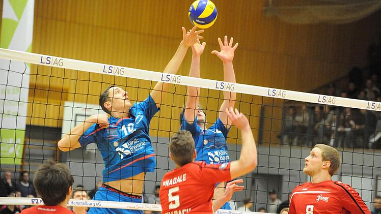 1:3 gegen den Tabellenführer verloren, aber wieder viele Sympathie-Punkte gewonnen haben Hammelburgs Volleyballer (blaue Trikots). Foto: Hopf