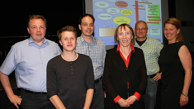 Stadtplaner Werner Heckelsmüller (Zweiter von rechts) mit den Sprechern der Arbeitsgruppen: (v.l.) Zweiter Bürgermeister Georg Eismann (CSU), Jonas Roppelt, Martin Pöhlmann, Susanne Ehrenspeck und Conny Eismann. Foto: Sylvia Hubele