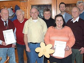 J&uuml;rgen Schmitt (von links), Peter H&uuml;gerich, Vorsitzender Ulli Zech, Erwin Ramming, Margit K&ouml;hler, B&uuml;rgermeister Andreas H&uuml;gerich, Otto Haas und Rudi Morgenroth mit den Geehrten, die Gold-Auszeichnungen erhielten Fotos: J&uuml;rgen Panzer