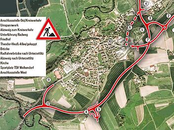 Rote Linie: Durch das Straßenbauprojekt mit elf Millionen Euro Gesamtkosten wird der Verkehr auf der 2,8 Kilometer langen Neubaustrecke künftig um Melkendorf herumgeleitet. Grafik: Micho Haller