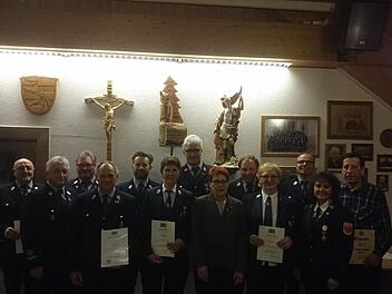 Ehrungen bei der Feuerwehr Fuchsstadt: (hinten von links) Alfred Heid, Burkard Lell, Vorsitzender Uwe Eichel, Josef Leurer, KBM Benno Metz, 2. Kommandant Dirk Volz, Albert Lukaschewitsch. Vorne von links: B&uuml;rgermeister Peter Hart, Josef Wahler, Armella St&ouml;th, stellvertretende Landr&auml;tin Monika Horcher, Doris K&uuml;mmert und Alma Leurer.Foto: Feuerwehr Fuchsstadt