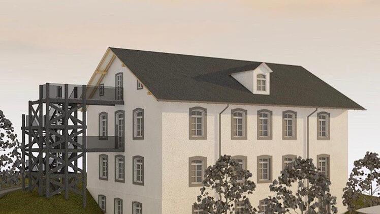 So wird das Gebäude (Ostseite) nach Fertigstellung aussehen. Links die Außentreppe, links im UG werden Sanitäranlagen entstehen, rechts ein Biergarten mit Gastronomie im Innenbereich. Repro: K.-H. Hofmann