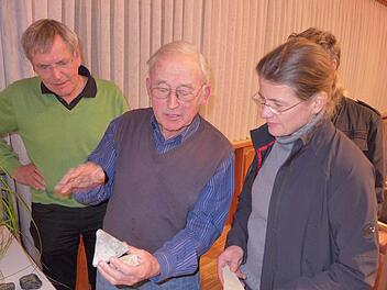 Im Bild (von links): Reinhard Kulick, Wissenschaftler aus Mainz, Heinrich Weisel, "Steinforscher" aus Zeil, Ulla Schmidt sowie Guntram Ulsamer (verdeckt) vom Landratsamt Hassberge