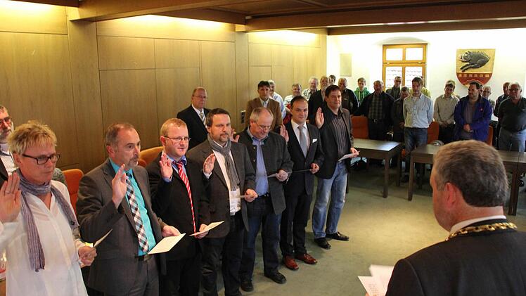 Die neuen Stadträte Karin Kaiser, Rüdiger Ebert, Rainer Kaffer, Philipp Arnold, Klaus Schineller, Fabian Weber und Markus Fausten (im Bild von links) wurden vereidigt.