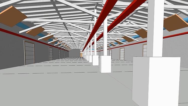 Das Innere der alten Pakethalle. An der Decke: Heizstrahlplatten und offene Kabeltrasse. Entwurf: Büro Archi Viva