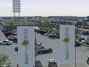 Die Visualisierung des Architekten zeigt, wie das Aischpark-Center aus Richtung Kieferndorfer Weg einmal aussehen soll.  Visualisierung: Ralph Küster, Projektentwickler und Architekt, Großenseebach