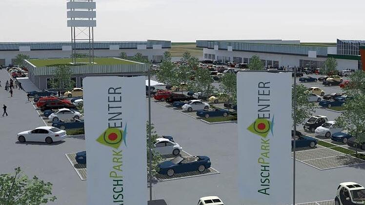 Die Visualisierung des Architekten zeigt, wie das Aischpark-Center aus Richtung Kieferndorfer Weg einmal aussehen soll.  Visualisierung: Ralph Küster, Projektentwickler und Architekt, Großenseebach