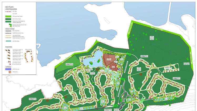Der Masterplan für das Feriendorf in Langlau zeigt die geplante Grundstruktur der Wege und Gebäude. Foto: Center Parcs