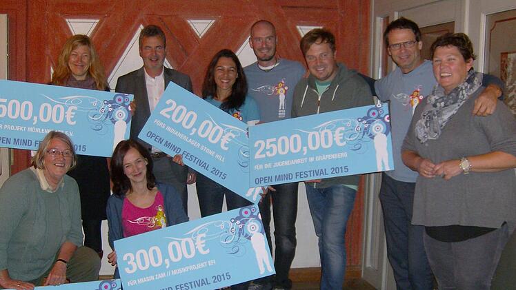 Bei der Scheckübergabe, kniend: Heidi Schweidler (l.) und Christiane Scheumann, hinten v. l.: Kerstin Löhner, Hans-Jürgen Nekolla, Kathrin Meinhardt, Thomas Schweiger, Stephan Trykowski und Christian Schönfelder, Antje Rammensee. Foto: Petra Malbrich