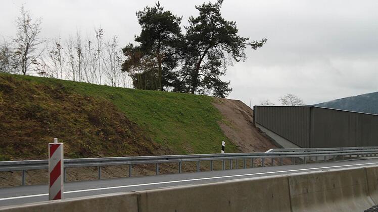 Alter Lärmschutz-Erdwall (dunkles Grün), neuer Lärmschutz-Erdwall (helleres Grün) und Lärmschutzwand (von links) bei Harsdorf. Foto: Alexander Hartmann