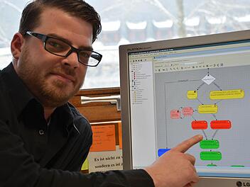 Christian Neff mit dem Handlungsplan, an dem sich die Agenten seiner Computersimulation orientieren. Er untersucht die Veränderung der medizinischen Versorgung im ländlichen Raum. Foto: Pat Christ