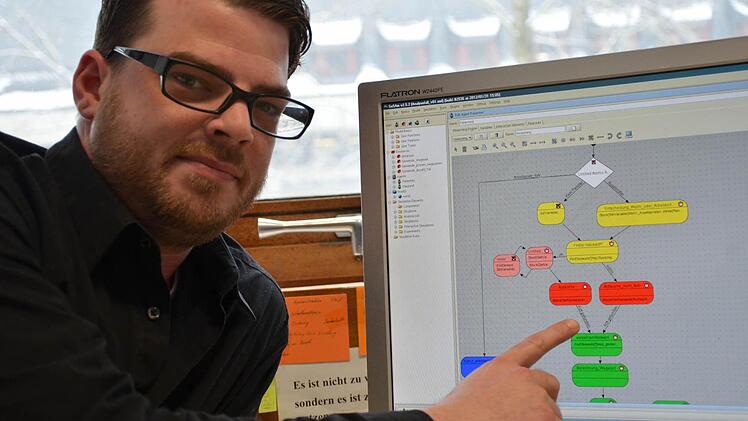 Christian Neff mit dem Handlungsplan, an dem sich die Agenten seiner Computersimulation orientieren. Er untersucht die Veränderung der medizinischen Versorgung im ländlichen Raum. Foto: Pat Christ