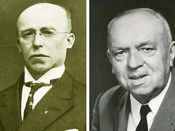 Georg Metz (links) und Egid Trost waren Bürgermeister von Bad Brückenau. Ihre Bilder hängen in einer Reihe mit anderen Amtsträgern im Rathaus. Repro: Ulrike Müller/Bildbearbeitung: Gerhard Stumpf