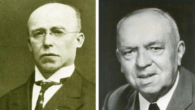 Georg Metz (links) und Egid Trost waren Bürgermeister von Bad Brückenau. Ihre Bilder hängen in einer Reihe mit anderen Amtsträgern im Rathaus. Repro: Ulrike Müller/Bildbearbeitung: Gerhard Stumpf