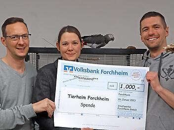 Matthias Hösch (l.), Initiator von „Forchheimshots“, und Nicole Dutschmann (Leiterin Marketing Stadtwerke Forchheim) übergeben die Spende unter den Augen von Graupapagei „Coco“ an Andreas Hellmann, Zweiter Vorsitzender des Tierheims Forchheim.