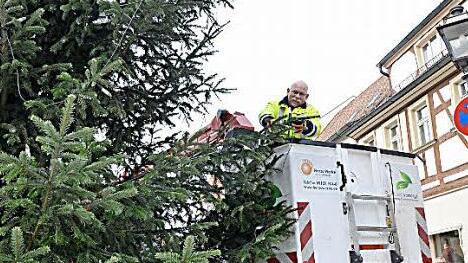 Jürgen Gügel schraubt eine Kerze nach der anderen vom Baum. Damit ist die Weihnachtszeit in Herzogenaurach offiziell beendet.  Foto: Panzer