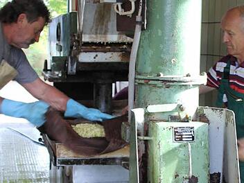 Hans-Jürgen Herzig (links)  und Heinz Spindler quetschen die Äpfel aus heimischen Gärten aus. Foto: Ralf Kestel